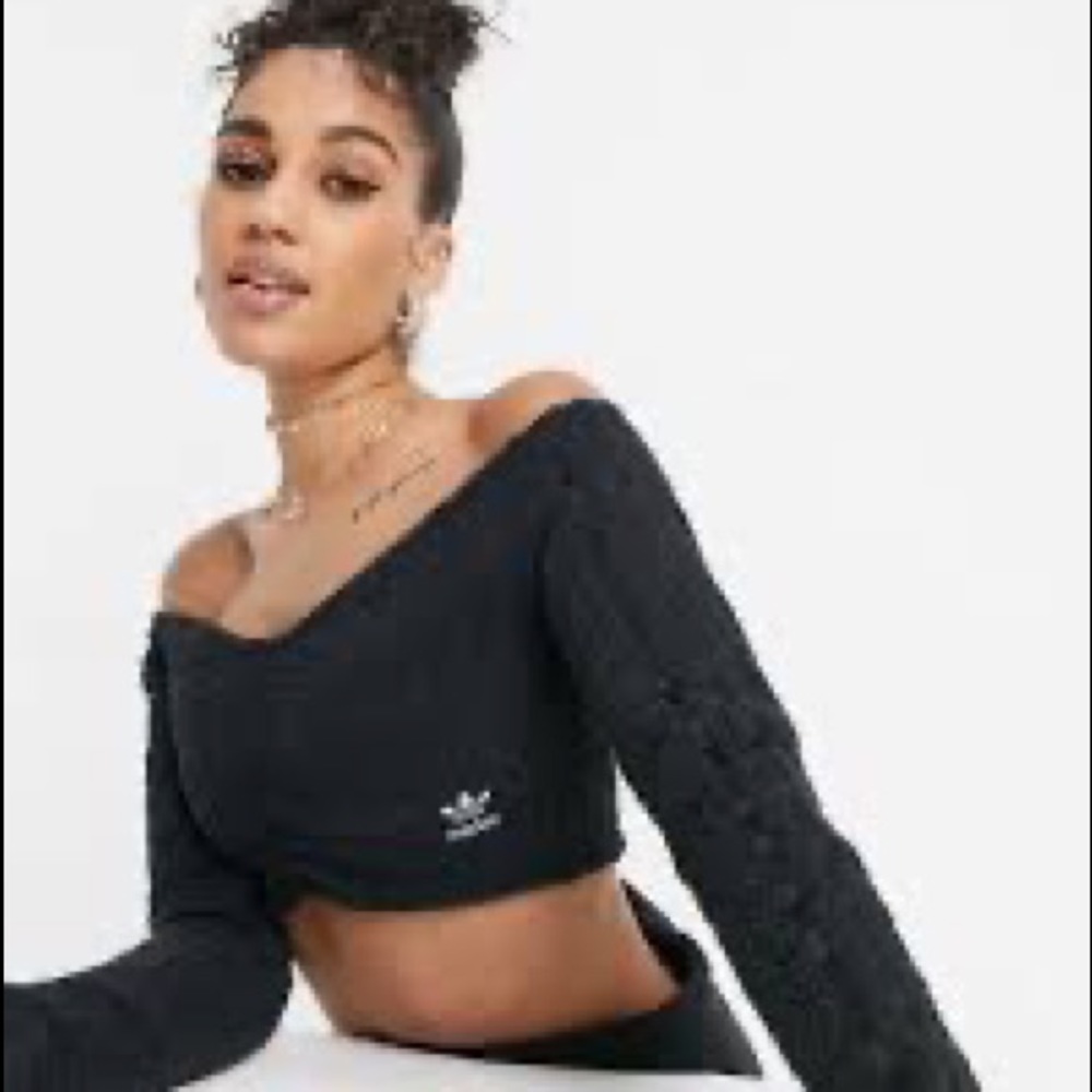 Adidas Relaxed Risque Fluffy Knit Loungewear Off Shoulder Crop Top